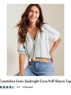 Tommy Bahama Seafoam and White Striped Puff-Sleeve Top